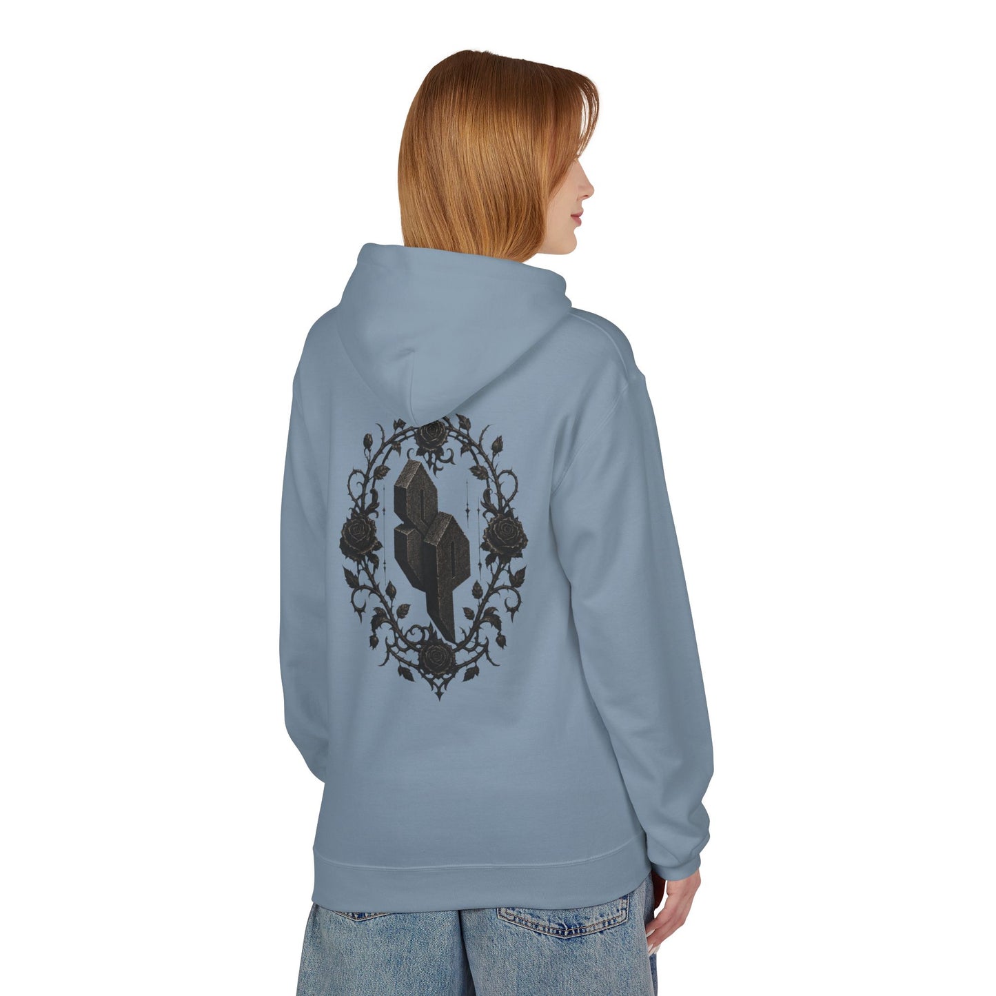 Hoodie - "Sueño" Gothic Rose Block Lettering Fleece Hoodie
